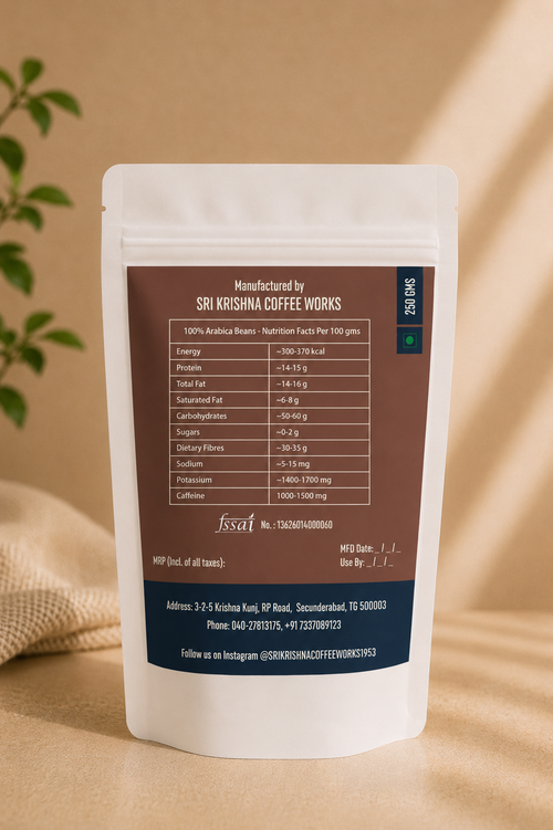 Sri Krishna The Arabica Beans 250g pouch back label — ingredients, nutrition facts, and FSSAI certification details