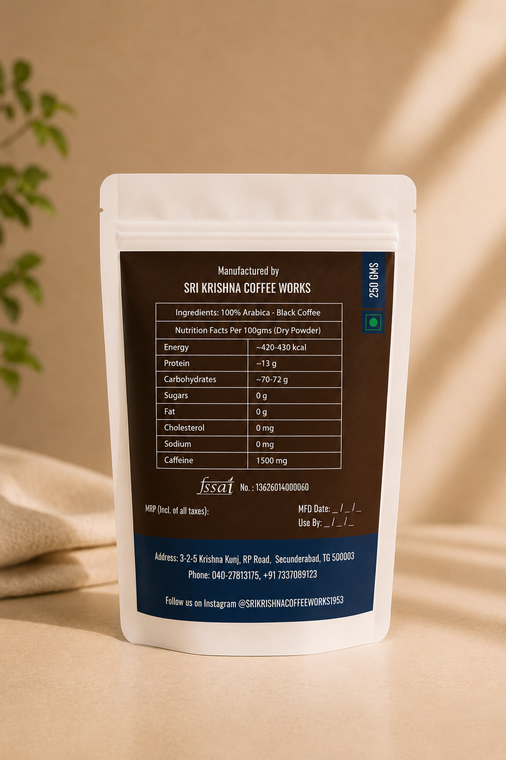 Sri Krishna The Arabica filter coffee 250g pouch back label — ingredients, nutrition facts, and FSSAI certification details