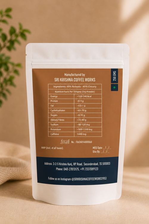 Sri Krishna The Bold filter coffee 250g pouch back label — ingredients, nutrition facts, and FSSAI certification details