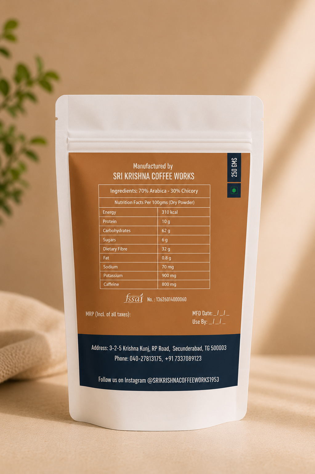 Sri Krishna The Classic filter coffee 250g pouch back label — ingredients, nutrition facts, and FSSAI certification details