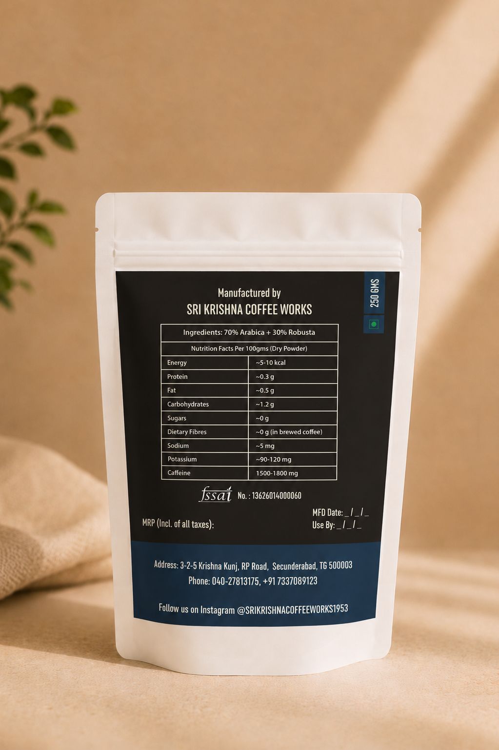 Sri Krishna The Espresso Black Coffee 250g pouch back label — ingredients, nutrition facts, and FSSAI certification details