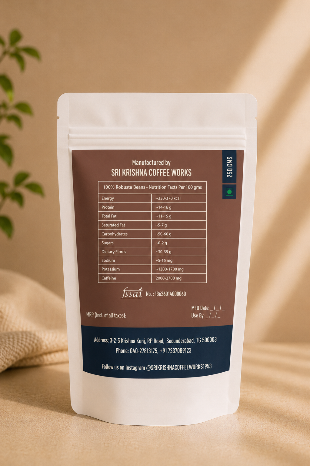 Sri Krishna The Robusta Beans 250g pouch back label — ingredients, nutrition facts, and FSSAI certification details