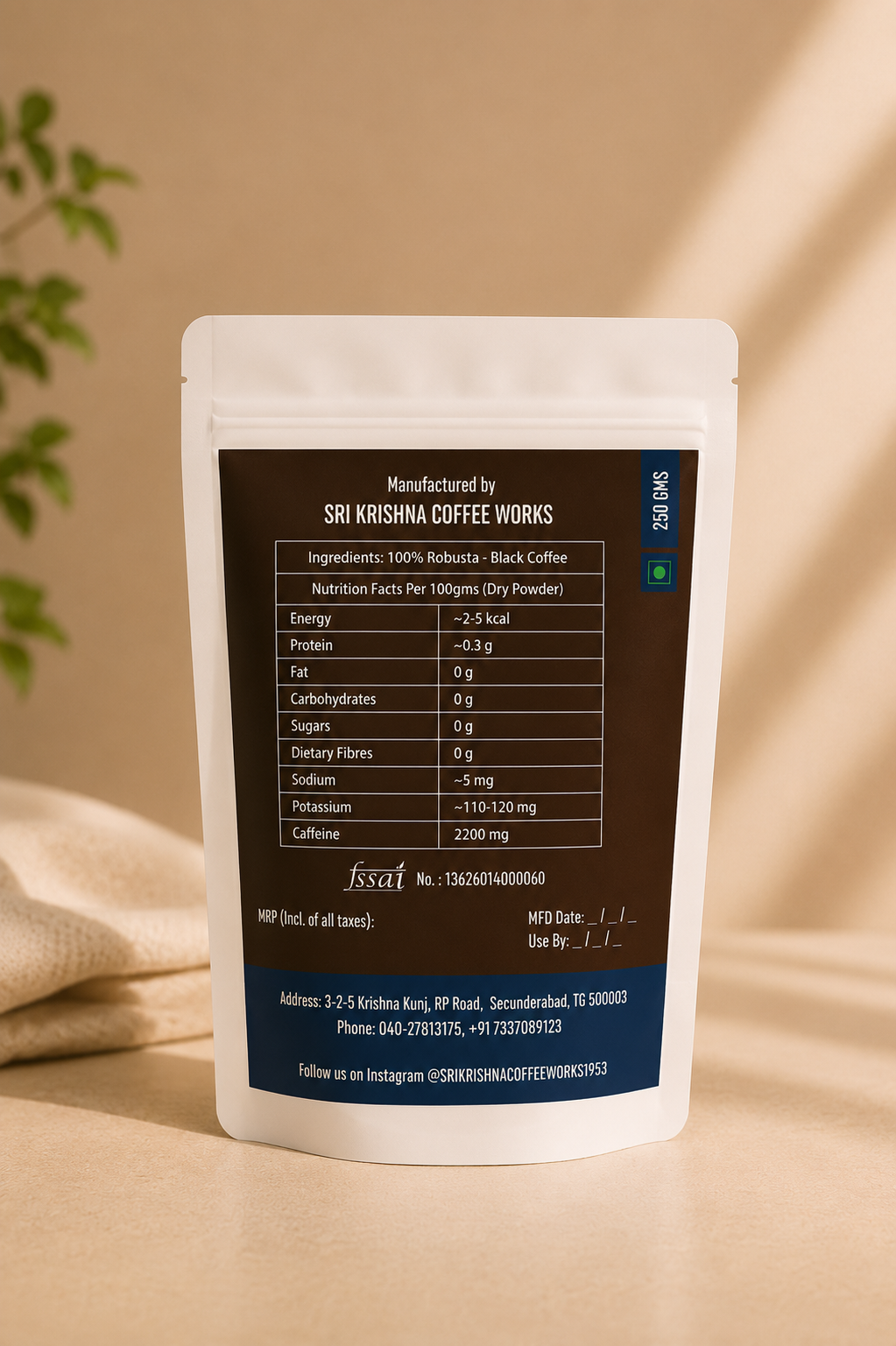 Sri Krishna The Robusta filter coffee 250g pouch back label — ingredients, nutrition facts, and FSSAI certification details